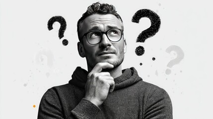 Pondering Questions: A contemplative man looks up in thought with question marks hovering, capturing moments of deep reflection and pondering.