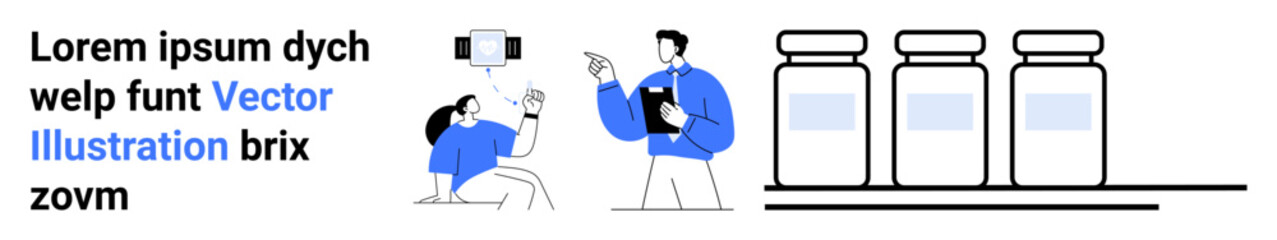 Healthcare professional discussing vaccination with a seated patient. Three vaccine bottles displayed. Ideal for health, consultation, prevention, immunization, wellness, public health, simple