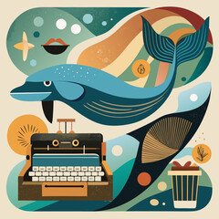 Abstract Whale with Typewriter and Gift Mid Century Modern Art