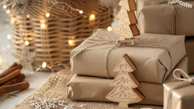 A stack of presents wrapped in brown paper with twine, decorated with wooden tree ornaments, next to cinnamon sticks, a woven basket, and fairy lights creating a festive, cozy Christmas scene.
