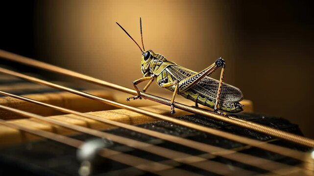 A grasshopper resting on the strings of a classical guitar.
