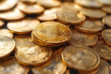 Golden Bitcoin Cryptocurrency Coins for Digital Finance and Investment Concept