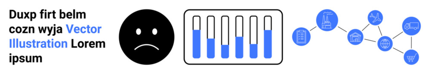Black sad face, data progress bars, abstract connected nodes represent challenges, efficiency, goals, relationships, strategies, analysis transitions. Ideal for data analytics network concepts