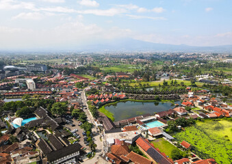 Aerial view of famous tourist area, Cipanas, in Garut Regency, West Java, Indonesia. Cipanas is famous as a hot spring bathing place that is naturally sourced from the mountains.