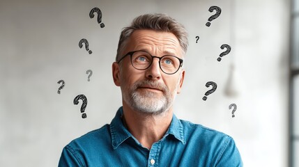 Thinking Out Loud: A thoughtful middle-aged man with glasses is surrounded by question marks, contemplating an important issue. It captures moment of deliberation, introspection.