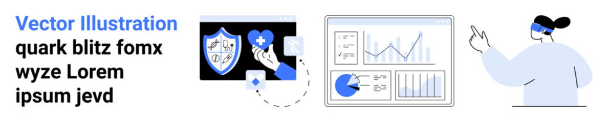 Shield and medical cross symbolizing healthcare security, analytical dashboard with graphs, and presenter in modern style. Ideal for technology, finance, healthcare, education, business growth, data