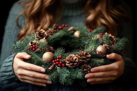 Christmas Wreath with Pine Cones and Berries for Festive Home Decor - Powered by Adobe