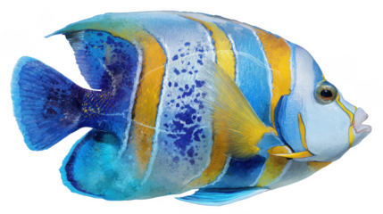 A vibrant illustration showcases a colorful reef fish with striking blue and yellow stripes, swimming in a clear ocean water body, on a white background.