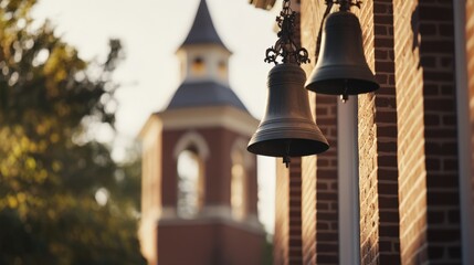 Church bells close-up with temple in background
