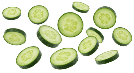 Fresh Green Cucumber Slices Falling or Floating Isolated on a transparent png Background, cucumber, kheera, cucumber slices, vegetable, salad, fresh, food, healthy, green, sliced	