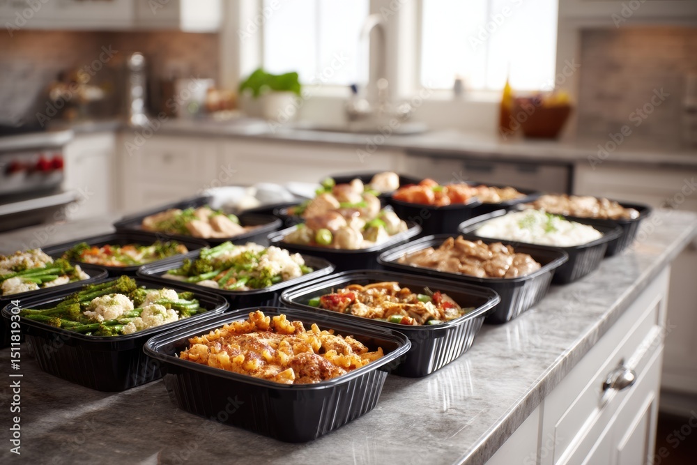 Poster Clean Kitchen Counter Arrangement Featuring Frozen Entrees Neatly Displayed in Rows With Natural Light Illuminating the Setting