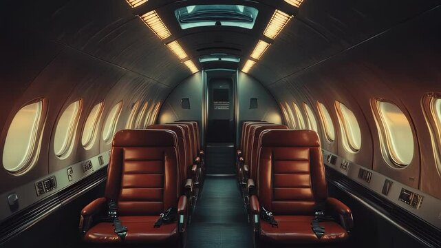 Interior of a private luxury jet airplane cabin with leather seats