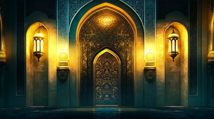 Ornate Islamic archway illuminated
