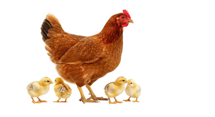 Fototapeta premium Brown Hen with Four Chicks – Farm Animal Family Isolated on White Background