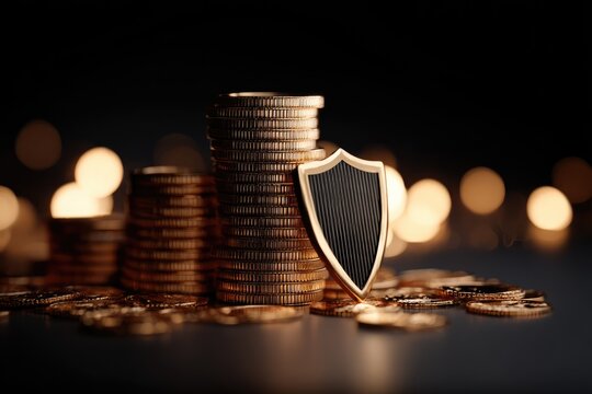 Financial Fortress: A compelling image of stacked gold coins and a shield, representing financial security and protection against risk, set against a dark, elegant background.