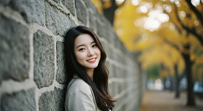 Woman leaning against stone wall, autumn foliage