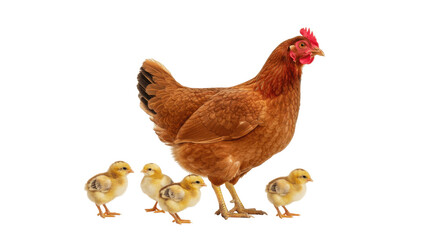 Fototapeta premium Brown Hen with Four Chicks – Farm Animal Family Isolated on White Background