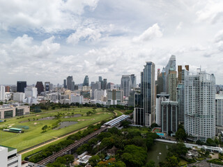 Ratchadamri Road Bangkok, Thailand, skyline golf Central world area aerial drone view - concept of city, Asia 
