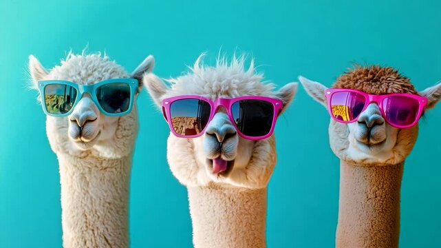 Three funny llamas wearing bright sunglasses on blue background, showing humor, style and happy summer mood