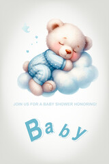 Little Teddy Bear Sleeping Hugging a Cloud. Birthday Invitation.