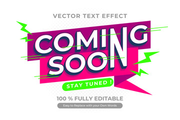 COMING SOON text effect graphic design with magenta banner green accents and white lettering