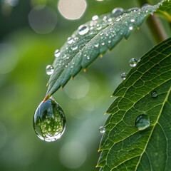 Rain water drops on neutral green leaf AI generated 