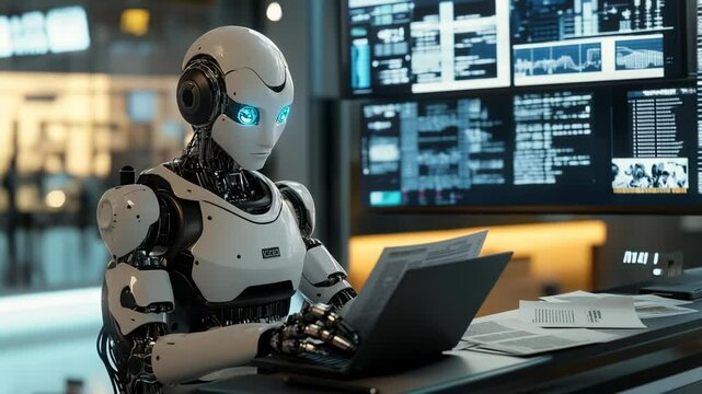 Humanoid robot with glowing eyes working on a laptop in a high tech office with digital screens around