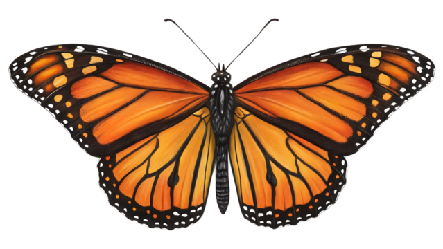 Detailed Monarch Butterfly Illustration with Orange and Black Wings on Black Background