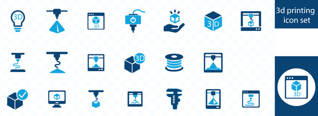 3D printing icon set. 3D printer, modeling, filament, 3D scanner, additive manufacturing, prototype and more.