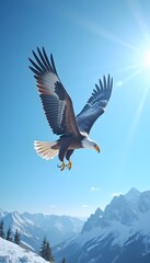 Fototapeta premium Majestic Eagle Soaring Above Snow-Capped Mountains in Clear Sky