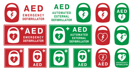 AED emergency defibrillator icon sign symbol. First aid Automated external defibrillator. Vector illustarion. Isolated on white background.