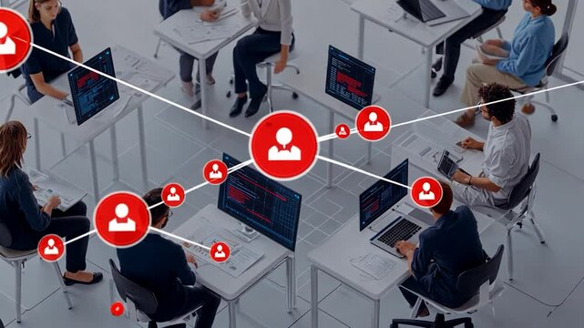 Modern office team network connecting people through technology for business collaboration