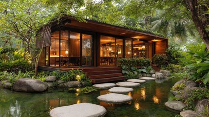 Tranquil Oasis: A luxurious wooden cabin blends seamlessly with its natural surroundings. Large windows reflect the lush greenery, creating a peaceful retreat amidst the beauty of nature.