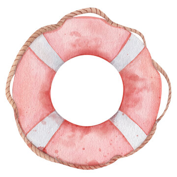 Lifebuoy with ropes. Watercolor illustration of a classic life preserver. Hand drawn nautical theme element with red and white stripes, perfect for nautical theme and coastal decor.