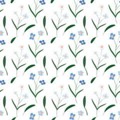 Seamless Blue Floral Vector Pattern with White Background