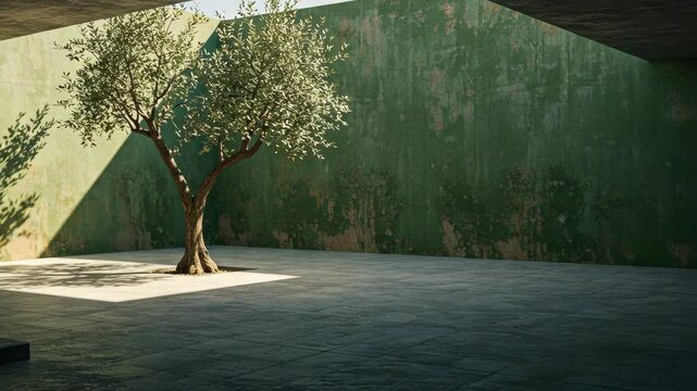 Olive tree stands in a modern courtyard with sunlight and concrete wal