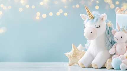 Cute plush unicorn toy on a soft background.