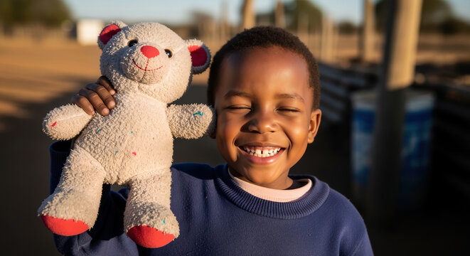 Young impoverished African child smiling broadly and very happy to show his stuffed bear toy, candid photo in a rural township in South Africa. 
