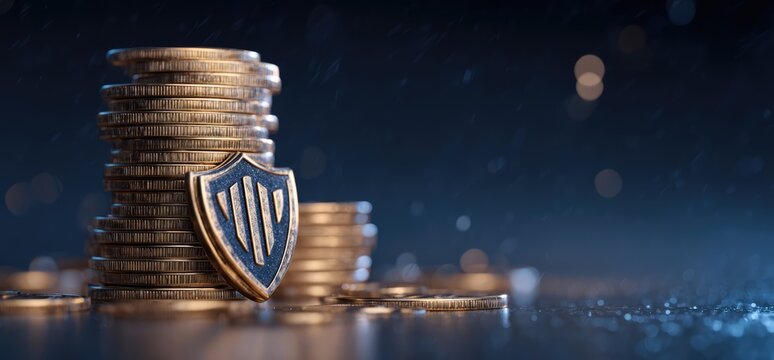 Financial Shield: A stack of gold coins, symbolizing wealth and prosperity, is protected by a shield, representing security and financial safeguarding, against a backdrop of bokeh lights.
