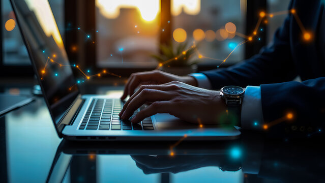 A professional's hands typing on a laptop, surrounded by glowing data connections, is perfect for a modern typing HD wallpaper.