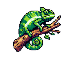 Pixel art chameleon perched on a branch with green leaves digital illustration
