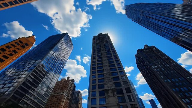 Wide Angle View of Colorful Minecraft Buildings Under a Bright Blue Sky With Puffy Clouds in a City Landscape