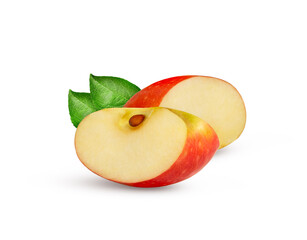 Slices of red apple with leaf isolated on white background