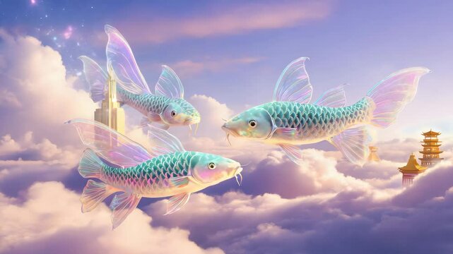A surreal world where giant koi fish with translucent wings swim through the clouds, leaving trails of stardust.