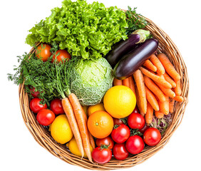 Assortment of fresh vegetables and fruits in a basket isolated on transparent background © iPNG