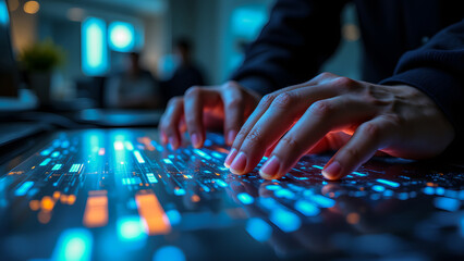 Hands interacting with a vibrant, glowing digital display, representing advanced Pexels technology and data processing.