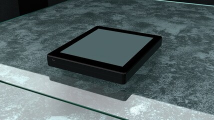 A black tablet with a blank screen sits on a glass table.
