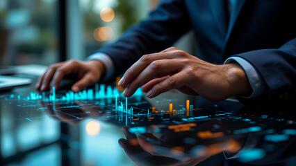 A businessman's hands interact with a futuristic digital interface displaying financial graphs and data visualizations, representing business intelligence and analytics.