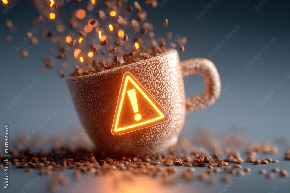 Poster Overflowing Coffee Mug With Jitter Lines and Warning Lights Creates a Dynamic Visual Effect in an Imaginative Setting