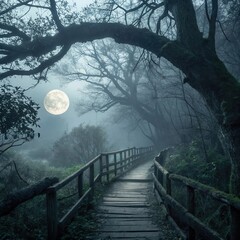 Misty Forest Path with Wooden Bridge Under Full Moon
